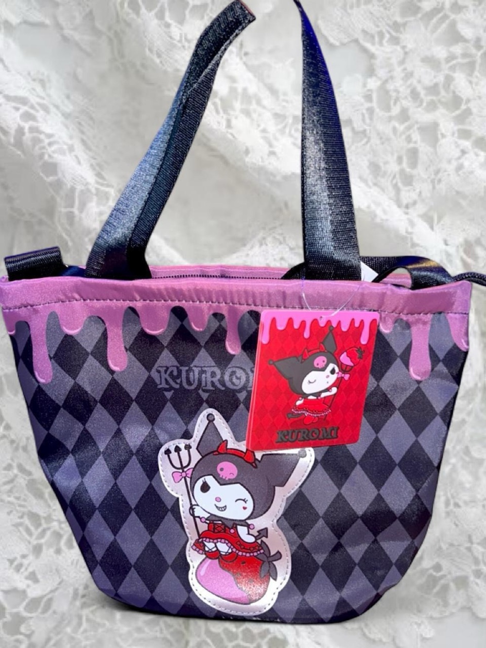 Kuromi Crossbody Bag with Purple & Black Diamond Design 🍓